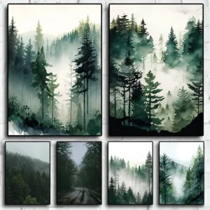 Foggy Mountain Misty Forest Pine Sage Green Wall Art Canvas Painting Nordic Poster and Prints Wall Picture for Living Room De