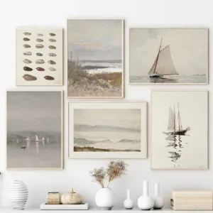 Antique Seascape Sailboat Nautical Coastal Nature Poster Canvas Painting Gallery Wall Art Pictures for Living Room Home Decor