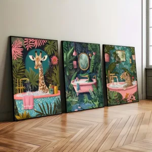 3 Frameless Bohemian Animal Bathroom Decor Posters,Giraffe, Leopard,Crocodile in Bathtub,Vibrant Tropical Jungle Bathroom Decor