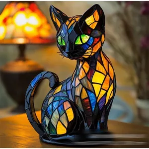 Cat Lamp Stained Glass, Retro Magic Cat Stained Resin Tabletop Night Light, Cute Pet Themed Led Lamp Gift For Dog Cat Lovers