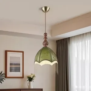 Vintage Green Glass Pendant Light Tassel Fringe Decor Wood Carved Adjustable Hanging Lamp For Dining Room Bedroom Tea Room