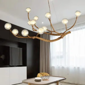 Retro Glass Globe Chandelier, 12-Light Modern LED Wood Branch Tree Hanging Lamp, Glass Bubble Pendant Ceiling Light 36W 110V