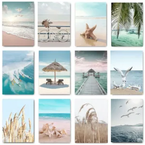 Beach Sea Ocean Poster Canvas Painting Bridge Leaves Turtle Seagull Wall Art Print Vibrant Summer Picture Nordic Home Decorat