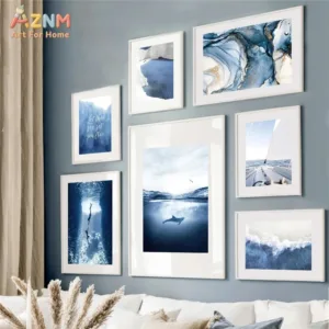 AZNM Unframed Blue Ocean Themed Canvas Wall Art, Modern Coastal Dolphin Sailboat Wave Print, Nautical Abstract Marble Poster for