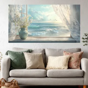 Scenic Sea View from Open Window Canvas Print, Nautical Wall Art, Seagulls over Sea Canvas Print, Bedroom Wall Decor, Faux Windo