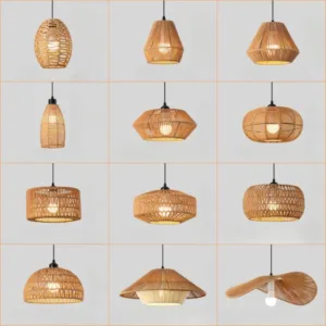 Boho Rattan Pendant Light Fixture Vintage Farmhouse E27 Hand Woven Hemp Rope Hanging Chandelier Retro Wicker Basket Pendant Lamp
