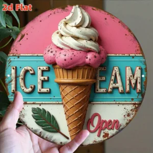 2D Flat, 2Dflat "Ice Cream Sign" | Classic Beverage Logo | Dining Theme Element, Commercial Wall Art Decorative Plaque, Ice Crea