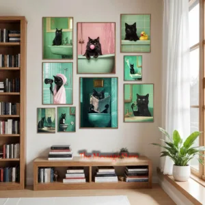 Funny Black Cat Bathroom Retro Mint Color Bathroom Toilet Bathtub Aesthetic Art Poster Canvas Painting Wall Pictures Home Decor