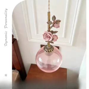 French Bedside Glass Ball Chandelier Pink Atmosphere Rose Flower Small Hanging Lamp Creative Retro Art Modern Restaurant Lamp
