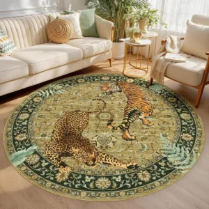Olive Green Tiger Leopard Round Rug Classic Persian Pattern for Elegant Interior