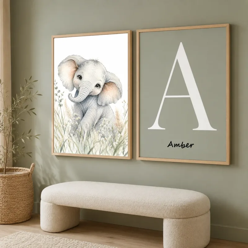 Personalized Letter Wall Art Cute Animal Canvas Painting Soft Nursery Poster Print Kids Room Wall Decor