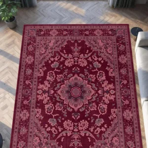 Vintage-Style Burgundy Round Patterned Rug with Retro Oriental Floral Border, Washable Non-Slip Persian-Style Carpet, Suitable for Living Room and Bedroom.