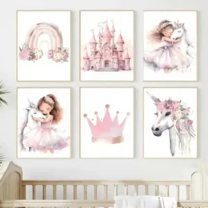 Pink Princess Rainbow Unicorn Castle Crown Custom Name Wall Art Canvas Painting Poster ＆ Print Pictures For Girl Kids Room Deco
