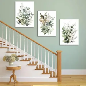 Three-piece Framed Paintings Modern Minimalist Style Sage Green Plant Floral Watercolor Canvas Prints，Eucalyptus Leaf Pattern Wa