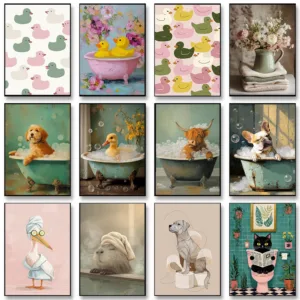 Fun Bathroom Decorations Duckling Paper Roll Flower Bathtub Canvas Painting Wall Art Poster Picture Home Decor Mural Cuadros
