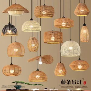 Rattan Pendant Light Fixture Vintage Farmhouse E27 Hand Woven Hemp Rope Hanging lamp Retro Wicker Basket Pendant Lamp decor