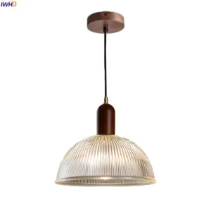IWHD Wood Canopy LED Hanging Lamp For Living Room Bedroom Restaurant Cafe Japan Vintage Glass Pendant Lights Decoration Hanglamp