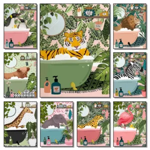 Animal Tiger Lion in Bathtub Botanical Poster Print Tropical Jungle Nordic Wall Art Picture Canvas Painitng Home Bathroom Decor