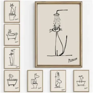 Minimalist Bathroom Picasso Bathtub Dog Black Cat Shower Line Art Poster Canvas Painting Wall Pictures Home Toilet Decor