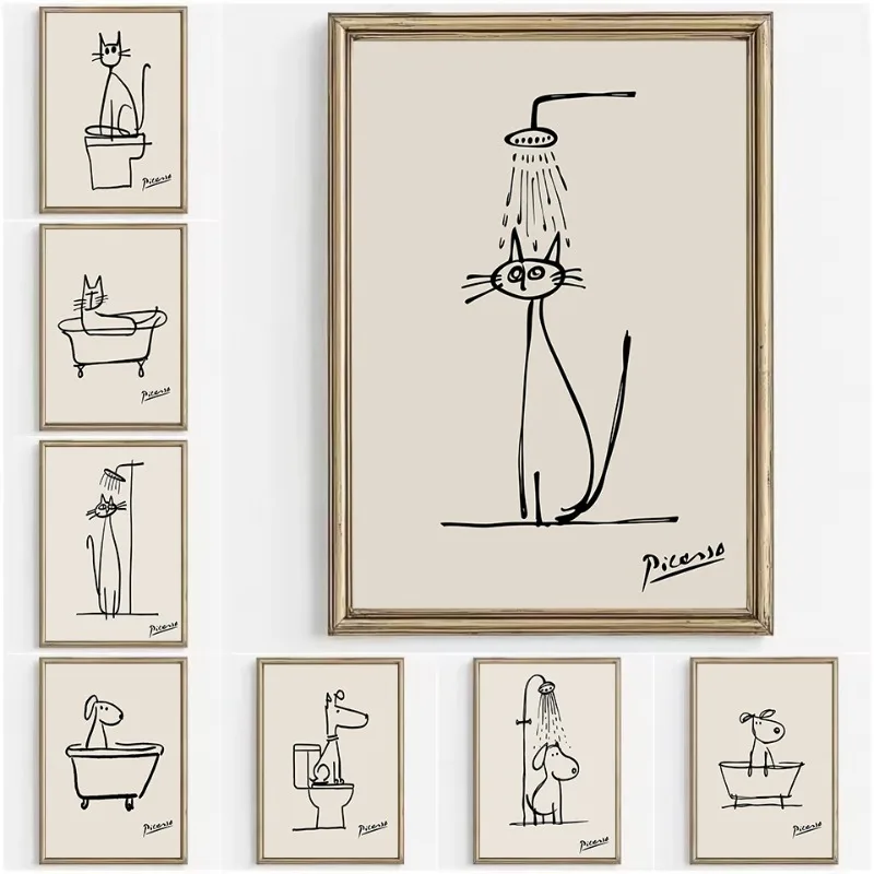 Minimalist Bathroom Picasso Bathtub Dog Black Cat Shower Line Art Poster Canvas Painting Wall Pictures Home Toilet Decor