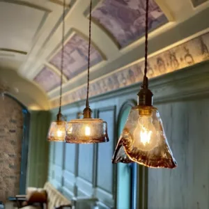 Retro Amber Glass Pendant Lamp Brass Gold Adjustable Cord Hanging Light Warm Glow for Dining Area & Living Room