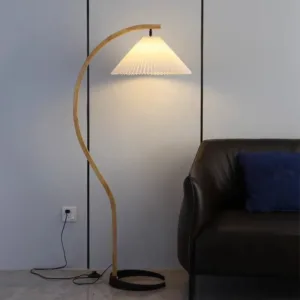 Japanese Curve Floor Lamp LED Soild Wood Standing Light Pleated Lampshade Living Room Bedroom Study Sofa Side Reading Light