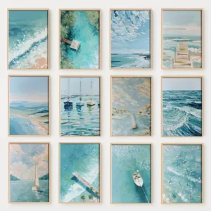 Abstract Coastal Light Blue Ocean Sky Seascape Poster Beach Waves Shoreline Diamond Painting Wall Art for Living Room Home De
