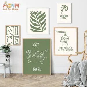 AZNM Sage Green Bathroom Canvas Wall Art Leaf Bathtub Shower Faucet Funny Text Line Drawing Print Unframed Canvas Minimalist Was
