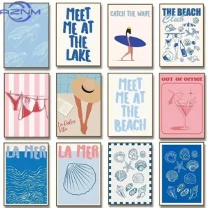 AZNM Seashells Meet Me At The Beach Poster Summer Bikini Coastal La Dolce Vita Canvas Painting Trendy Wall Art Room Home Decor