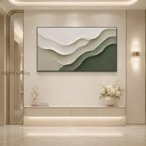 Hand Painted Thick Impasto Abstract Ocean Wave Oil Painting 3D Palette Knife Neutral Sage Green Seascape Canvas Wall Art