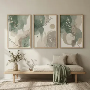 3pcs Japanese-Style Plant Canvas Wall Art Frameless Abstract Watercolor Sage Green & Beige Leaf Canvas Poster for Bedroom Decor
