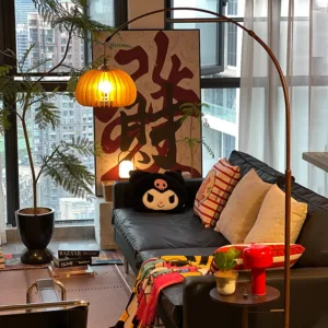 Retro Pumpkin Arc Floor Lamp Mid-Century Orange Lampshade Living Room Sofa Corner Bedroom Study French Home Decor Standing Light