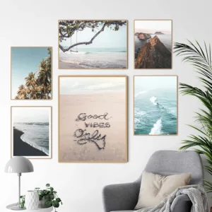 Beach Wall Art Prints Palm Tree Coastal Posters Sea View Photo Pictures Ocean Waves Canvas Painting for Living Room Home Decor