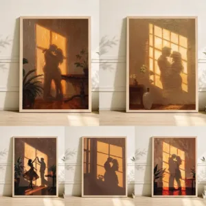 Romantic Sunset Dancing/Kissing Couple Window Silhouette Poster Canvas Painting Wall Art Pictures Home Bedroom Decor Gift