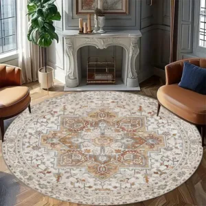 Flannel Printed Round Rug With Vintage Persian Design For Home Decor Soft Floor Mat Classic Oriental Theme Elegant Interior