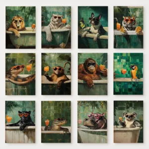 Funny Bathing Animal Cocktail Poster Monkey Crocodile Tiger Green Background Canvas Painting Wall Art for Bathroom Home Decor