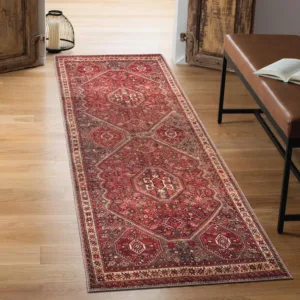 Vintage Red Medallion Runner Rug Hallway Carpet Non Slip Washable Floor Mat Kitchen Rug with Distressed Persian Design