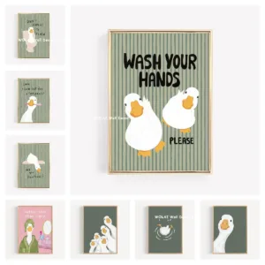 Sage Green Striped Goose Bathroom Canvas Printing Wash Your Hands Goose Nursery Wall Art Poster for Modern Farmhouse Home Decor