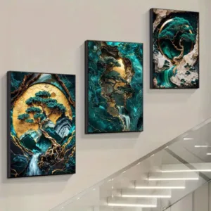 3pcs Advanced Marble Pattern Jade Green Golden Foil Line Art HD Canvas Printing Decoration Painting Unframed for Home Decor