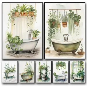 Vintage Watercolor Green Botanical Tropical Bathtub Floral Bathroom Poster Canvas Painting Wall Art Pictures Home Decoration