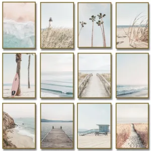 Neutral Beach Walkway Surfboard Minimal Ocean Wave  Palm Soft Coastal Poster Canvas Painting Print Wall Picture Room Home Decor