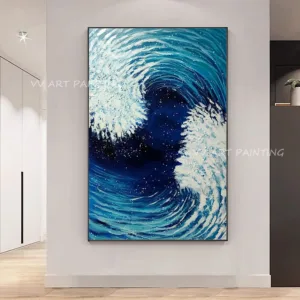 Handpainted Palette Knife Ocean Wave Oil Painting On Canvas, Impasto Blue Sea Texture Abstract Wall Art Modern Home Decor