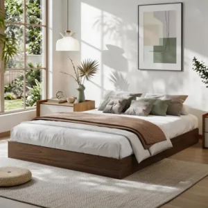Queen Bed Frame, Wooden Platform Bed with Sturdy Slats, Modern Minimalist Design, No Box Spring Needed, Noise-Free Design, Easy Assembly, Walnut Wood