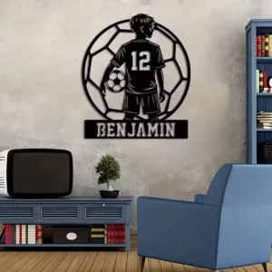 Personalized Soccer Boy Metal Sign - Custom Name, Soccer Player #12 with Ball Design - Heavy-Duty Iron Decoration for Sports Roo