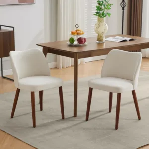 2PCS Dining Chair Linen Upholstered Dining Chair with Wood Legs, Wing Backrest, Wooden Kitchen Chair, Kitchen Chairs with Thick Cushions for Dining Room, Living Room
