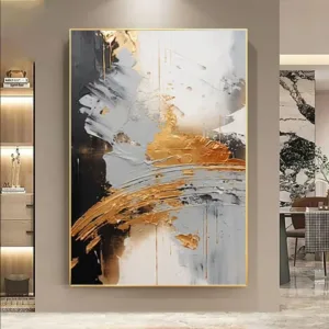 3D Texture Abstract Painting Large Black and White Thick Knife Painting Yellow Abstract Wall Art Modern Acrylic Texture Painting