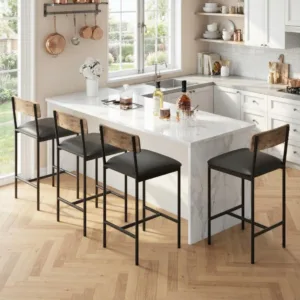 Stools Set of 4, Counter Height Bar Stools with Back & Upholstered Wider Seat, Kitchen Barstools with Footrest for Kitchen Island, Bars Counter, Easy Assembly, Brown