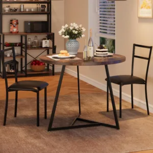 Dining Table Set for 2, Kitchen Table and Chairs for 2 with Upholstered Chairs, 3 Piece Dining Room Table Set, Round Kitchen Table Set for Small Space, Apartment, Studio, Rustic Brown