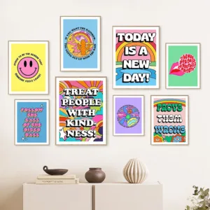 Dolly Rainbow Smiley Canvas Print Art Poster, Kindness Colorful Positive Quote, Abstract Disco Wall Picture, Living Room, Home D