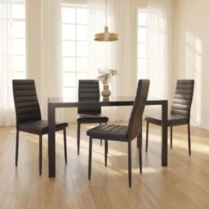 Black 5 Piece Glass Dining Table Set, Kitchen Table and Chairs for 4 | PU Leather Modern Room Sets,Small Dining Table
